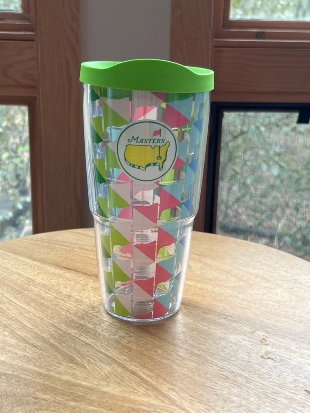 Masters Travel Tumbler with Pink and Lime Green Geometric Pattern